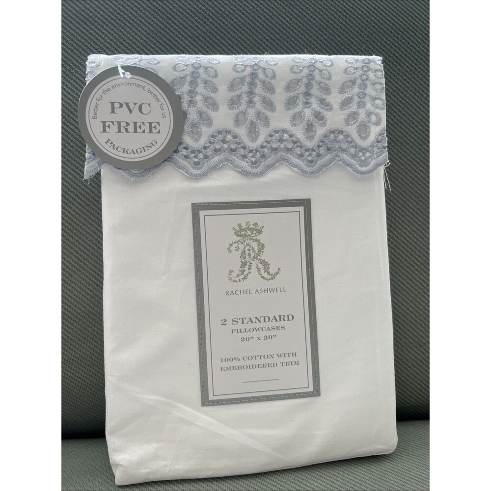 Rachel Ashwell Standard Pillowcases WHITE COTTON Blue EMBROIDERED Trim New